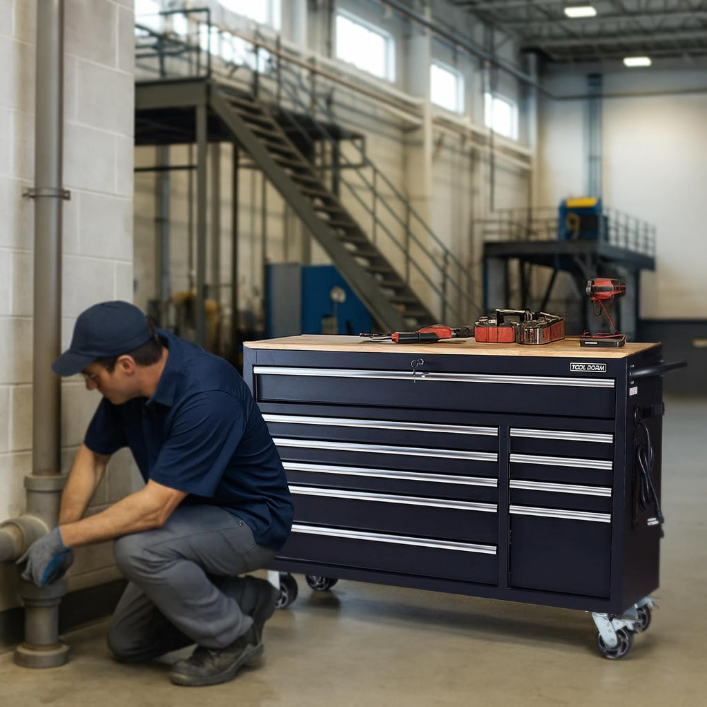 Rolling Large Tool Chest 56-Inch 10 Drawers, Big Tool Chest with Drawers, Workbench with Wooden Top and Power Strip, Rolling Toolbox with Drawers and Locking System, Black