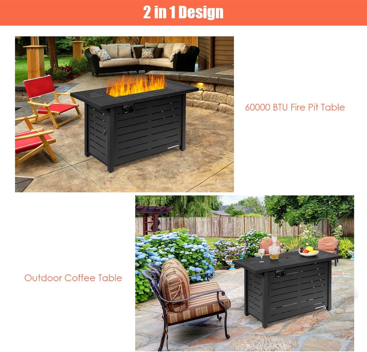 Giantex Propane Fire Pit Table, 42 Inch 60,000 BTU Rectangular Gas Fire Table w/Waterproof Cover, Outdoor Electronic Ignition Firepit Table w/Lava Rock for Courtyard Balcony Garden Terrace