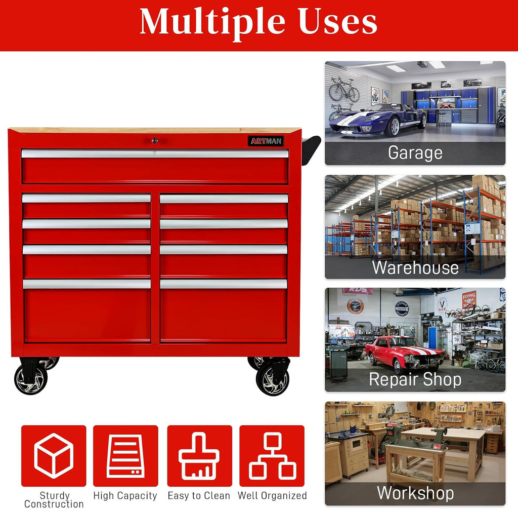 Rolling Tool Chest with Wheels, 9 Drawer Metal Tool Cabinet, Large Tool Cart for Garage, Warehouse, Workshop, Repair Shop, Red