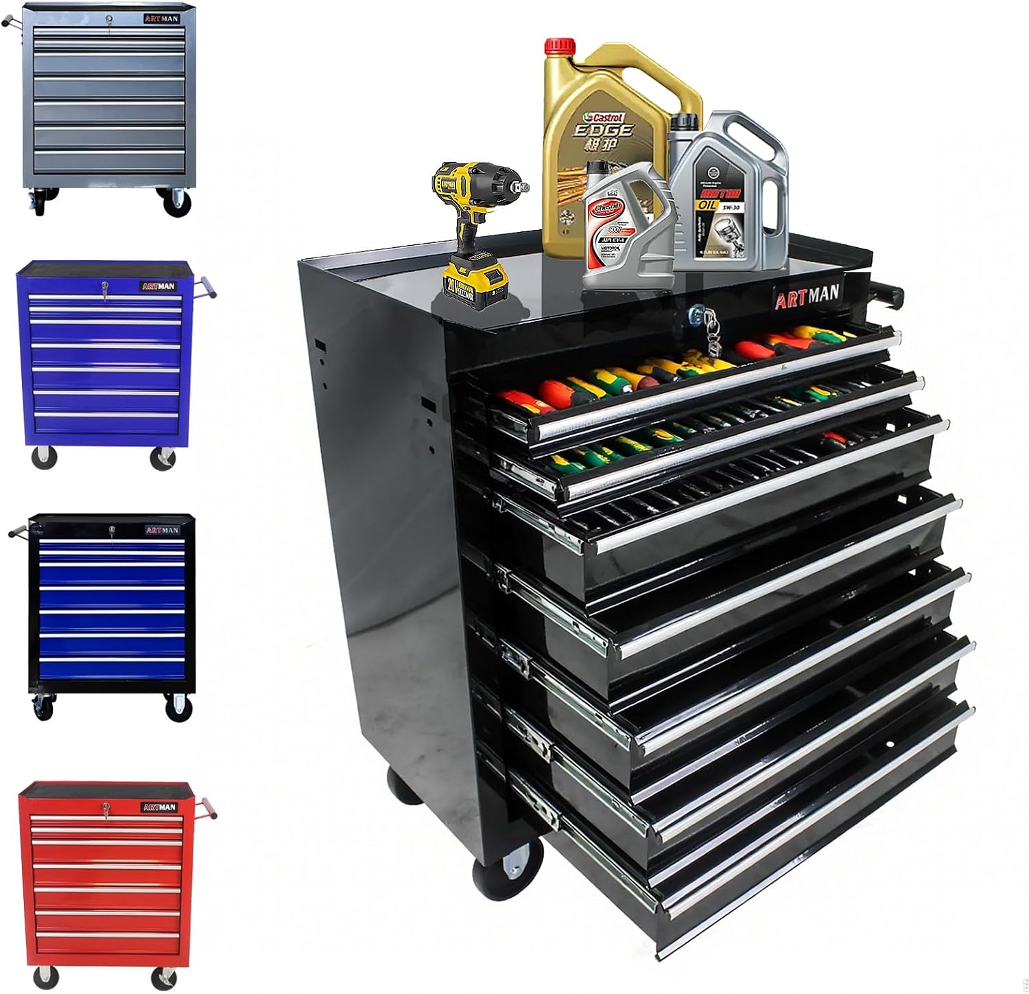 Rolling Tool Chest, 7-Drawer Tool Cabinet with Wheels, Heavy-Duty Steel Tool Storage Cabinet, Lockable Tool Box on Wheels for Garage & Workshop, Black