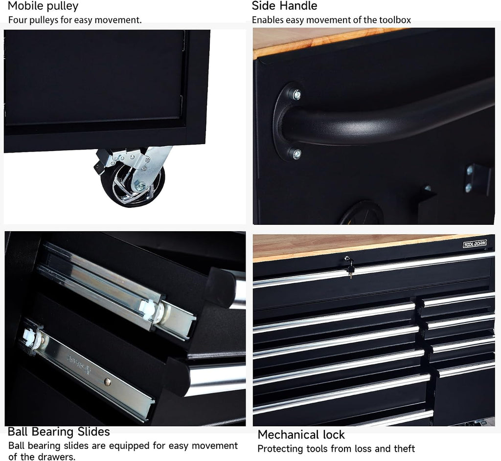 Rolling Large Tool Chest 56-Inch 10 Drawers, Big Tool Chest with Drawers, Workbench with Wooden Top and Power Strip, Rolling Toolbox with Drawers and Locking System, Black