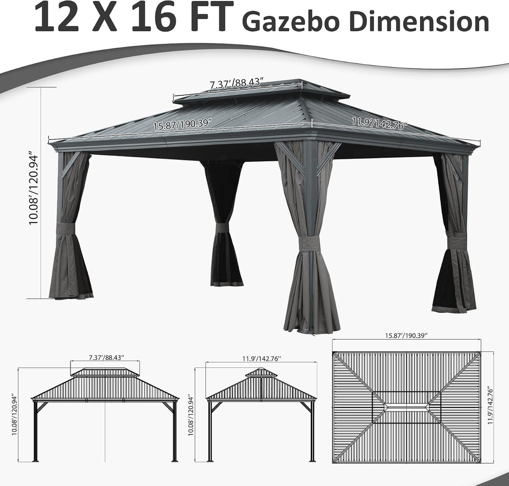 LifeSky 12x16 Hardtop Gazebo: Upgraded Metal Outdoor Shelter with Drainage System & Dual-Layer Steel Roof - Gray Patio Canopy with Curtains & Mosquito Netting for Garden Backyard & Vacation Rental Spa