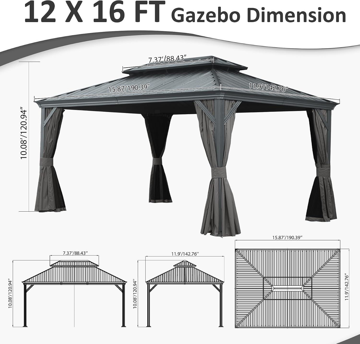 LifeSky 12x16 Hardtop Gazebo: Upgraded Metal Outdoor Shelter with Drainage System & Dual-Layer Steel Roof - Gray Patio Canopy with Curtains & Mosquito Netting for Garden Backyard & Vacation Rental Spa
