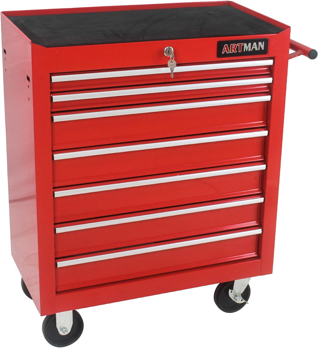 7 Drawers Tool Cart on Wheels, 7 Drawer Rolling Tool Chest with Key Lock, Trolley Organizer Tool Case, Multifunctional Rolling Tool Box for Garage,Warehouse,Workshop,Repair Shop (Red)