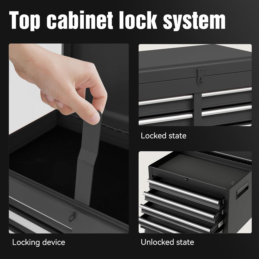 5-Drawer Rolling Tool Chest & Cabinet With Detachable Top Box - Heavy-Duty Metal Tool Cart With 4 Hooks, Lockable Drawers & 4 Wheels For Garage, Workshop, And Automotive Organization(Black)