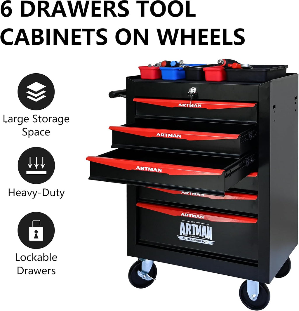 6 Drawers Tool Cart on Wheels, Multifunctional Rolling Tool Storage Chest, Drawers Rolling Trolley Organizer Tool Box for Warehouse, Garage, Workshop, Repair Shop (6 Drawers-30.5' H)