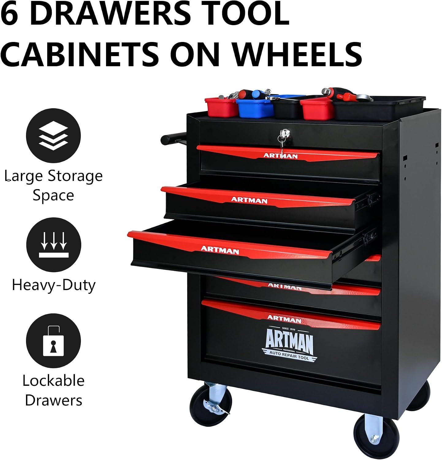 6 Drawers Tool Cart on Wheels, Multifunctional Rolling Tool Storage Chest, Drawers Rolling Trolley Organizer Tool Box for Warehouse, Garage, Workshop, Repair Shop (6 Drawers-30.5' H)