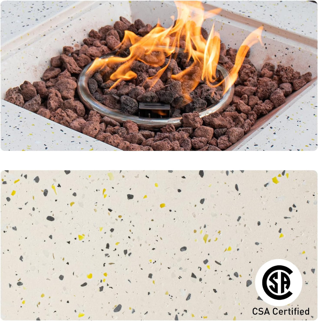 COSIEST Outdoor Propane Fire Pit Coffee Table, 28-inch Terrazzo Square Base Patio Heater w Certified, 40,000 BTU Stainless Steel Burner, Free Lava Rocks and Rain Cover