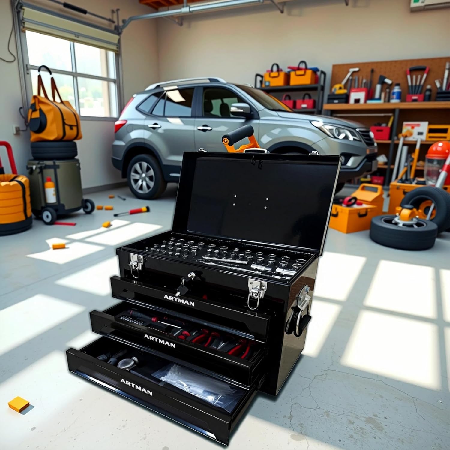 Mini Tool Box, Key Locking System with Tool Set, Portable Steel Tool Box with Drawers, Small Toolbox for Organizing Tools in Garage, Home, Warehouse