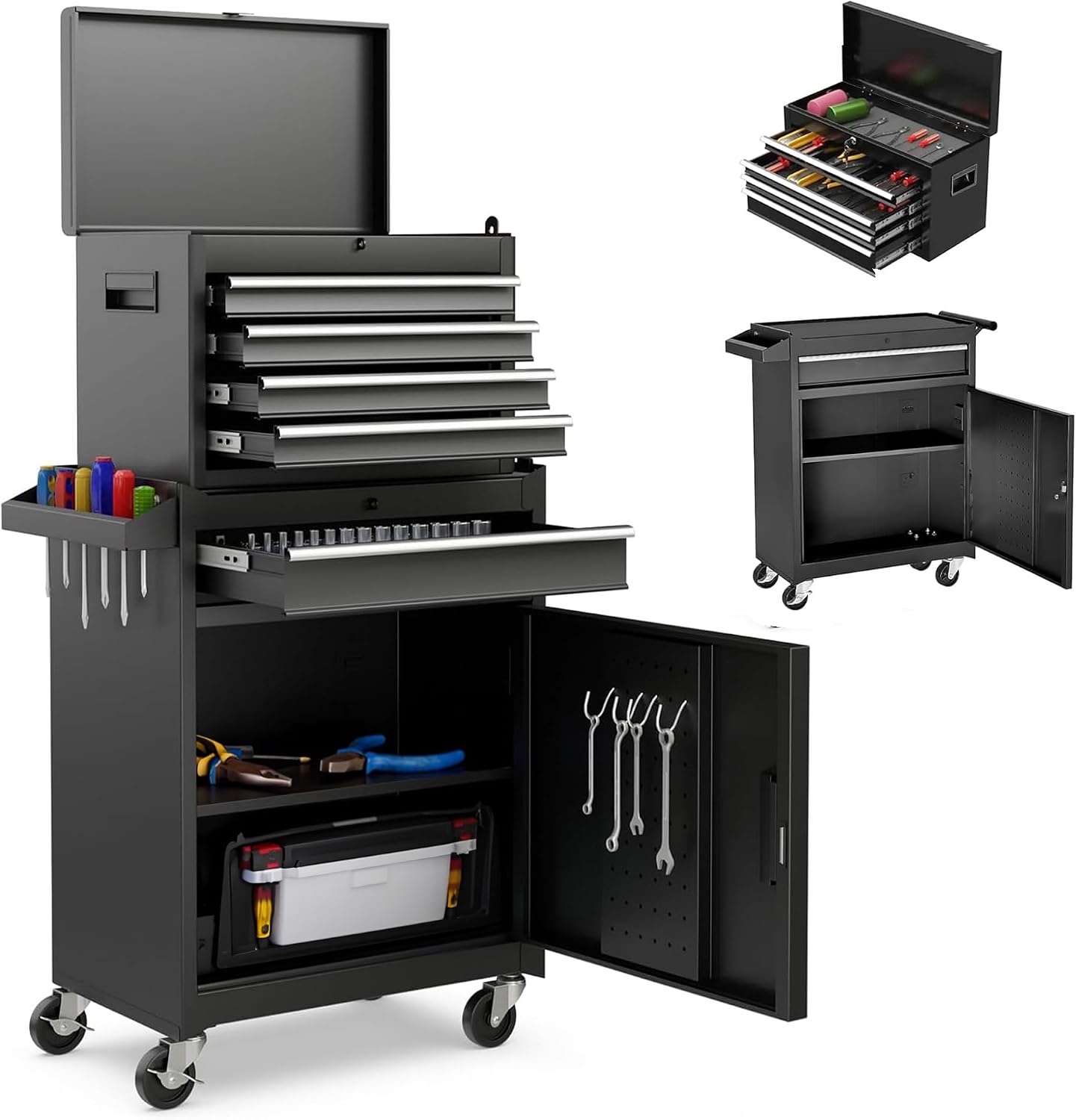 5 Drawers Tool Cart on Wheels with 1 Cabinet, Multifunctional Removable Rolling Tools Chest Storage Set, Tool Trolley Organizer Tools Box for Garage,Warehouse,Repair Shop,Workshop (Black)