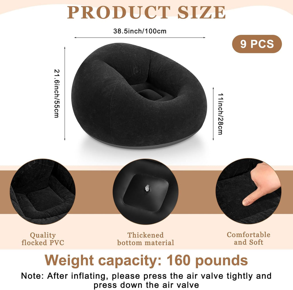 Realspring 6 9 12 Pcs Inflatable Bean Bag Chairs for Adults with Electric Air Pump, Blow up Couch Folding Portable Inflatable Couch Lazy Sofa for Outdoor Movie Night Camping(Black,9 Pcs)