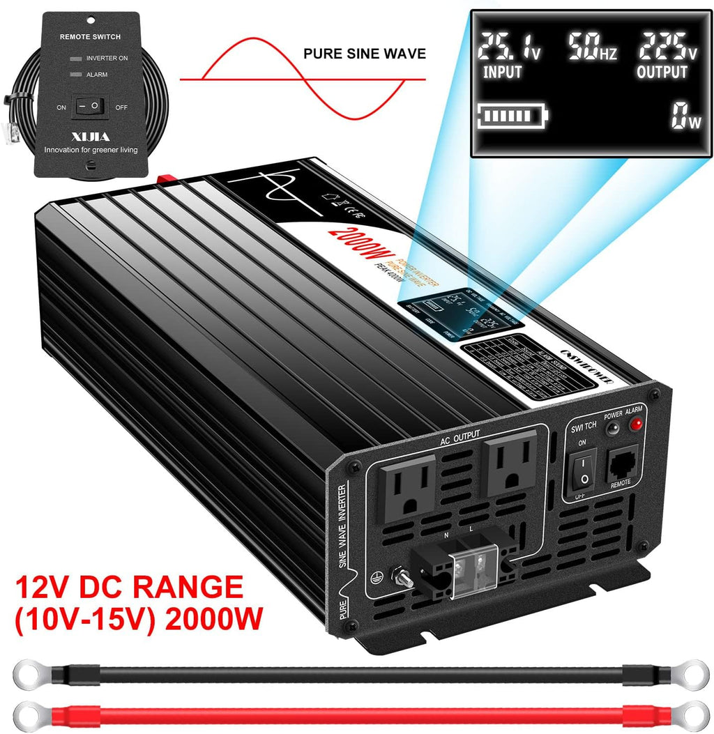 Xijia 2000W Pure Sine Wave Inverter，12V to 120V AC Converter for Home，Solar Systems，Remote and Bluetooth Control for Truck，Camping，with 2 AC Socket，Surge Power 4000W
