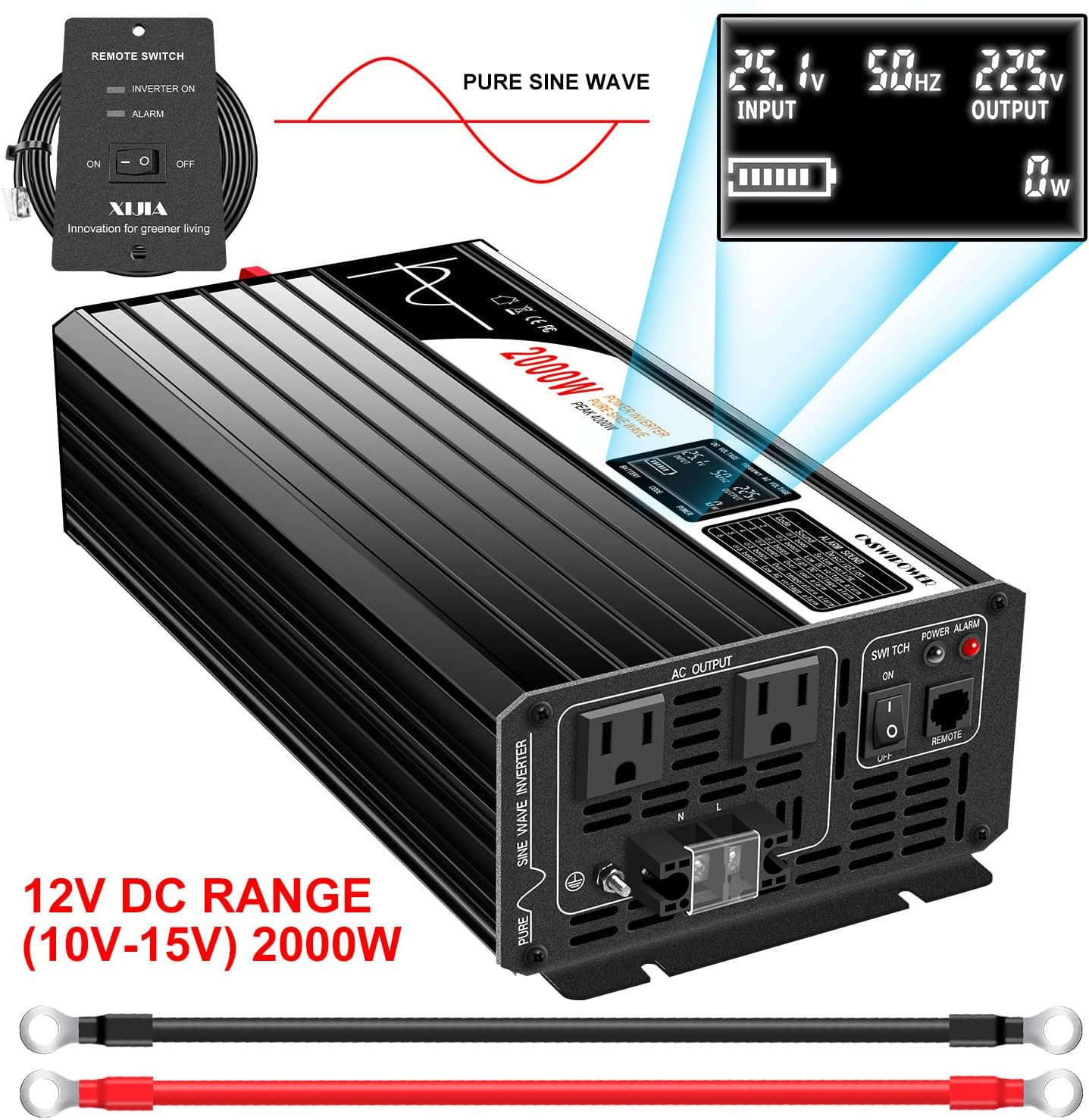 Xijia 2000W Pure Sine Wave Inverter，12V to 120V AC Converter for Home，Solar Systems，Remote and Bluetooth Control for Truck，Camping，with 2 AC Socket，Surge Power 4000W