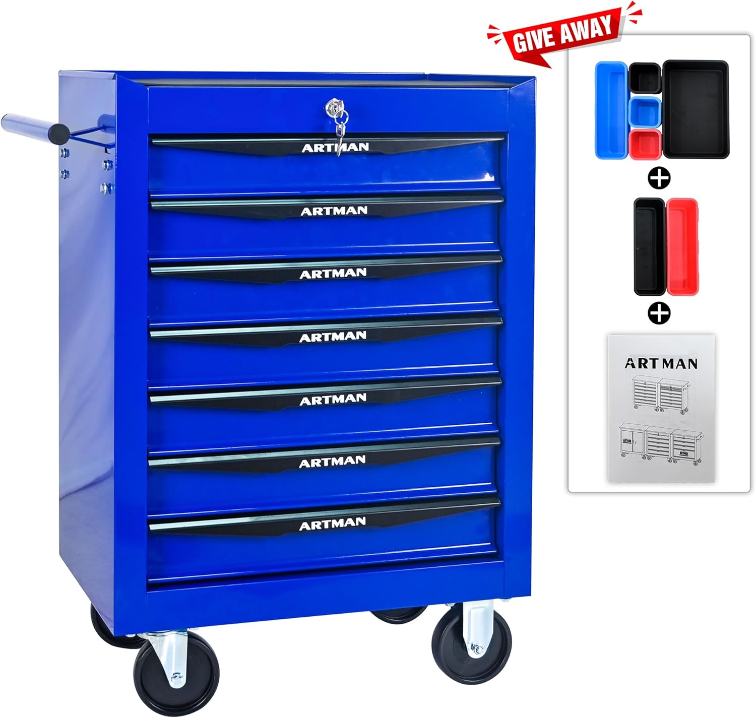 Rolling Tool Box with Wheels, Mechanics Tool Chest with 7 Drawers, Tool Box Organizer with 7 Tool Storage Boxes, Lockable Tool Storage Cabinet for Home Garage Workshop Warehouse Repair Shop, Blue