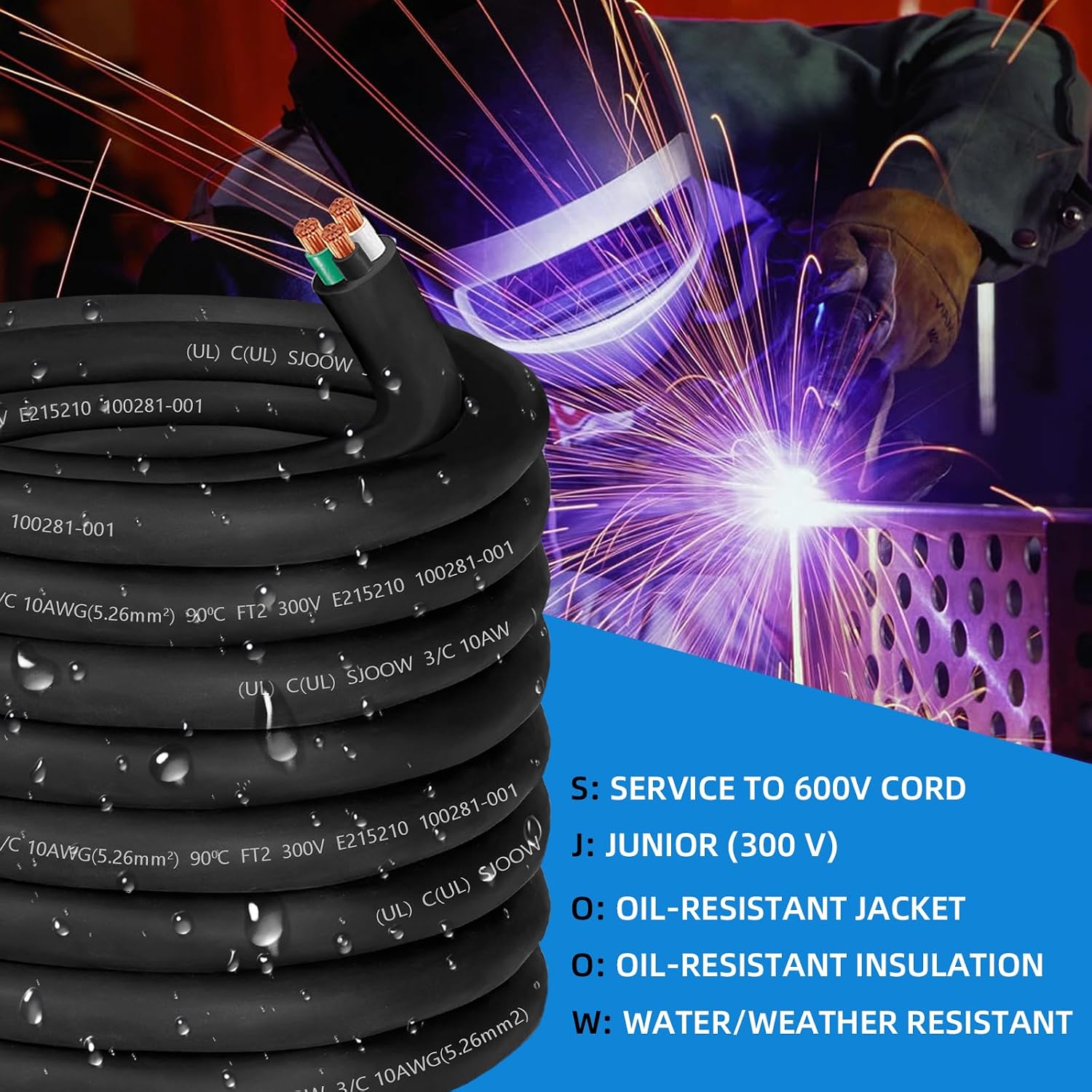 100ft 10/3 Wire 10 AWG SJOOW Wire Cable,10 Gauge Portable Power Cable 300V 3 Conductor SJOOW Cord for Motor Lead,Generator,Welder,NEMA14-30 RV Outlet Box,Battery Charger-Industrial Outdoor Use