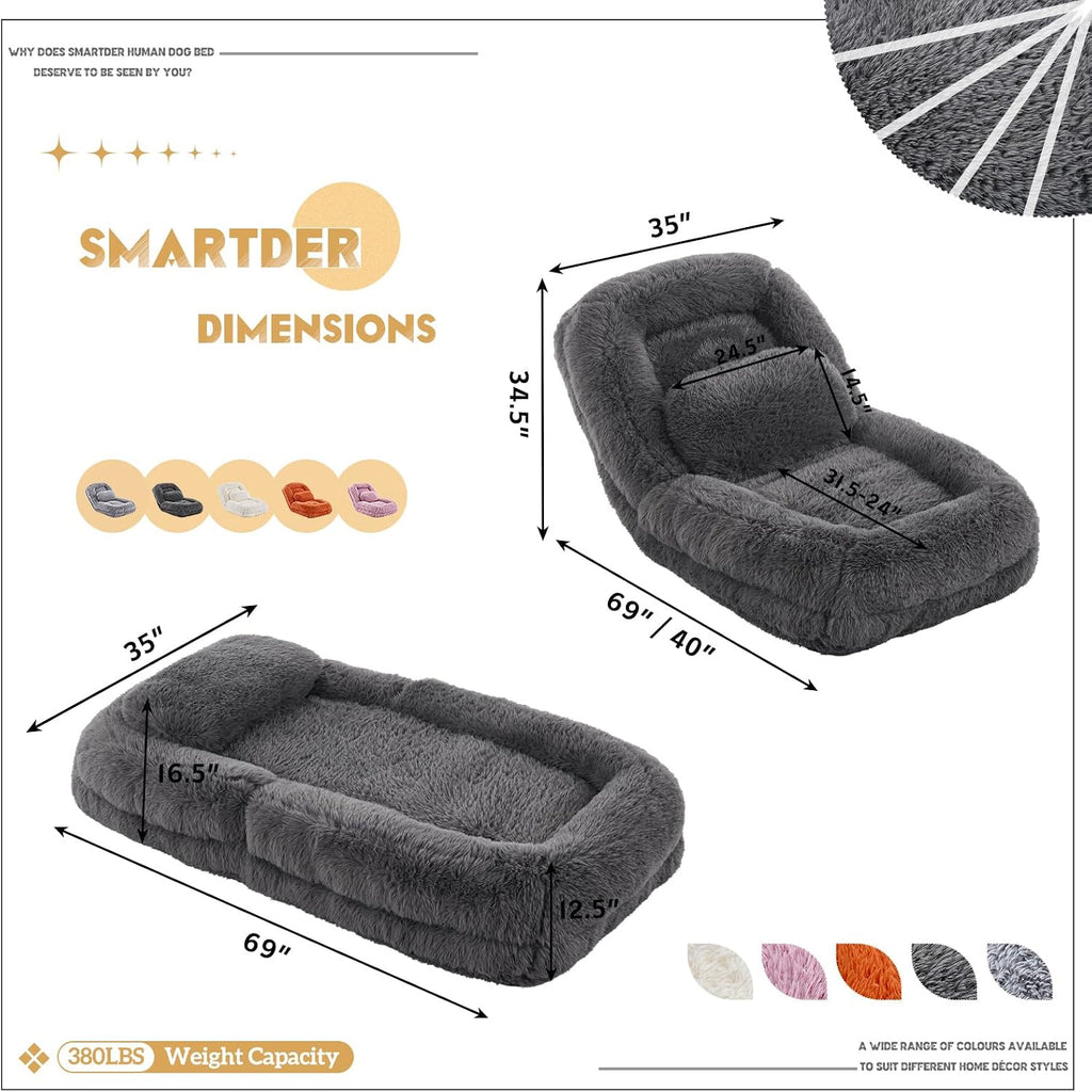 Adjustable Plush Human Dog Bed Lounger for Adult, 5-Position Foldable Lazy Lounge Sofa, Large Size Bean Bag Chair with Pillow, Folding Floor Chair for Living Room, Bedroom, Gaming Room, Dark Gray