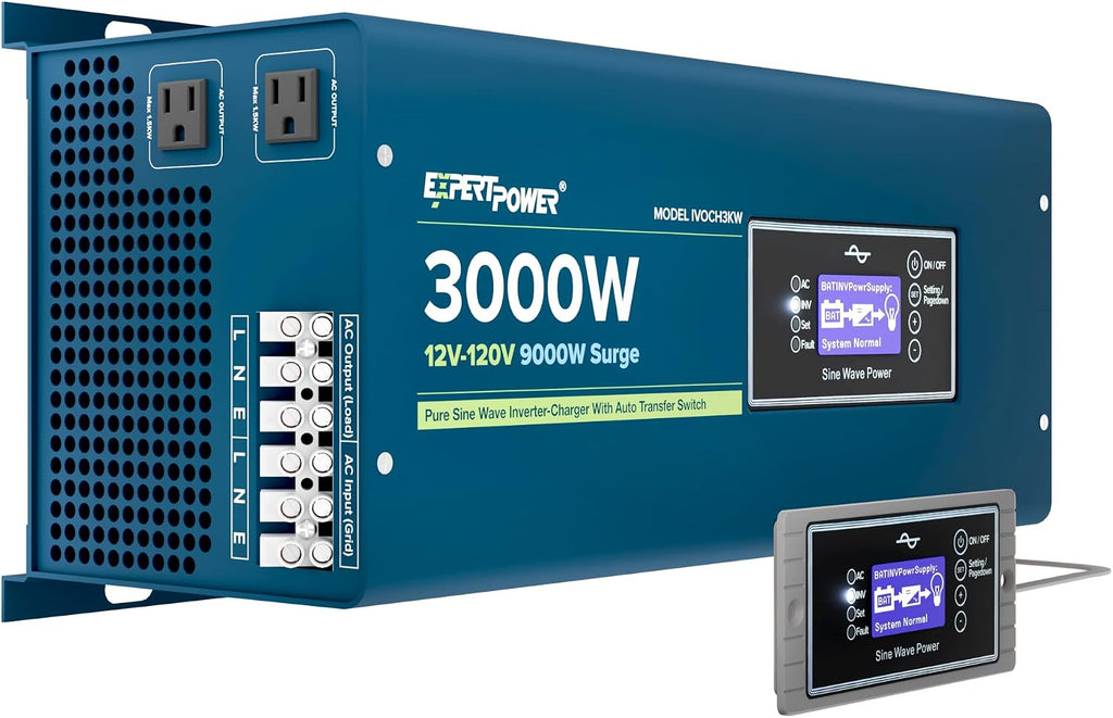 ExpertPower 3000W Pure Sine Wave Inverter Charger | Peak 9000W | DC 12V - AC 110V | LifePO4/ Lithium Battery Compatible | Auto Transfer Switch | External Display