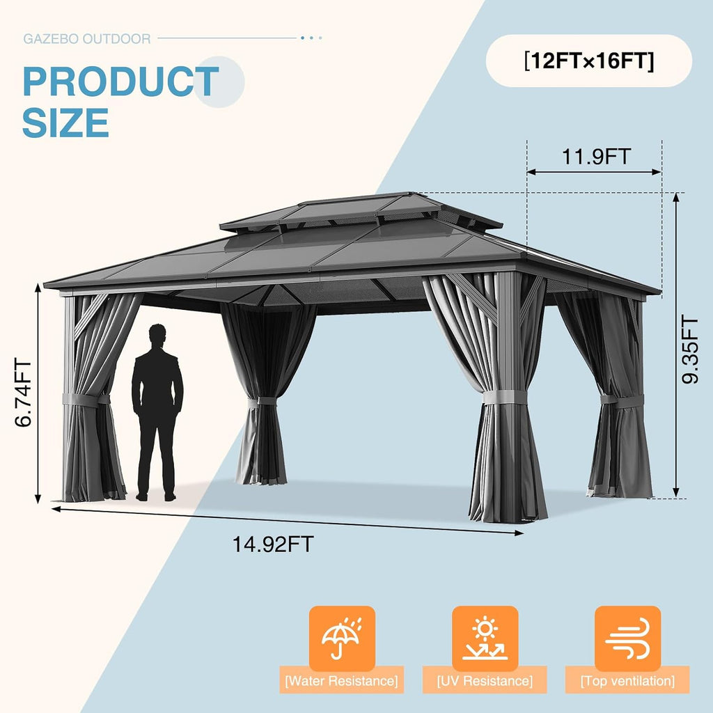 12' x 16' Double Roof Gazebo with Dark Gray Polycarbonate Panels, Sturdy Aluminum Frame, Weather-Resistant Pavilion with Curtains for Outdoor Patio, Garden, and Backyard