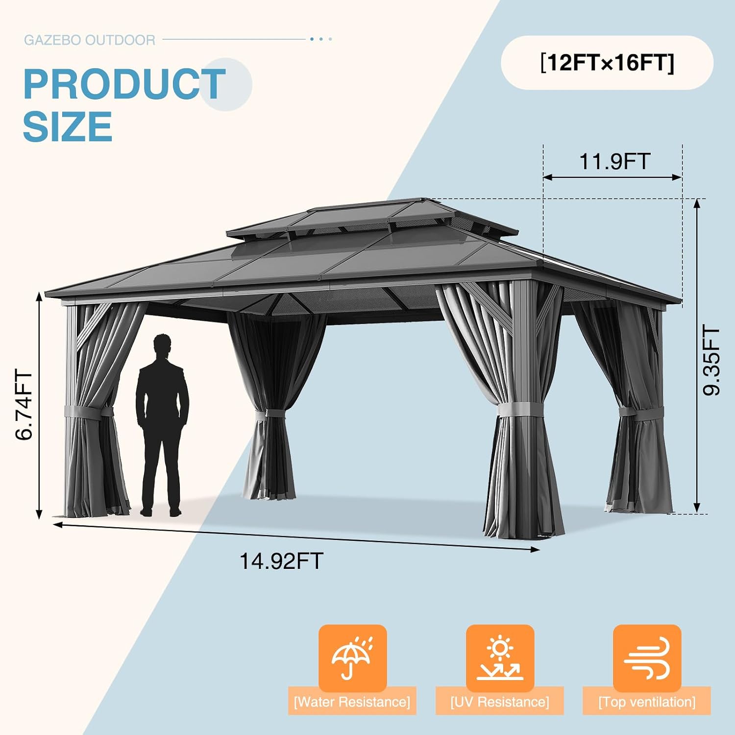 12' x 16' Double Roof Gazebo with Dark Gray Polycarbonate Panels, Sturdy Aluminum Frame, Weather-Resistant Pavilion with Curtains for Outdoor Patio, Garden, and Backyard
