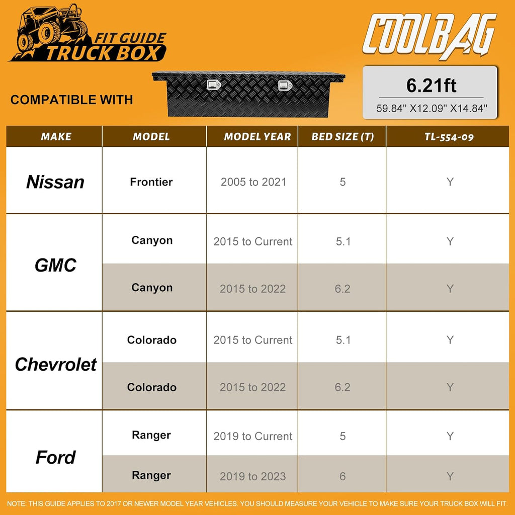 Crossover Tool Box Deep 14' H x 12' D x 60' L Waterproof Lockable Aluminum Black Truck Storage Box Compatible with Chevy Colorado,Ford Ranger,GMC Canyon（For Mid-Size Trucks