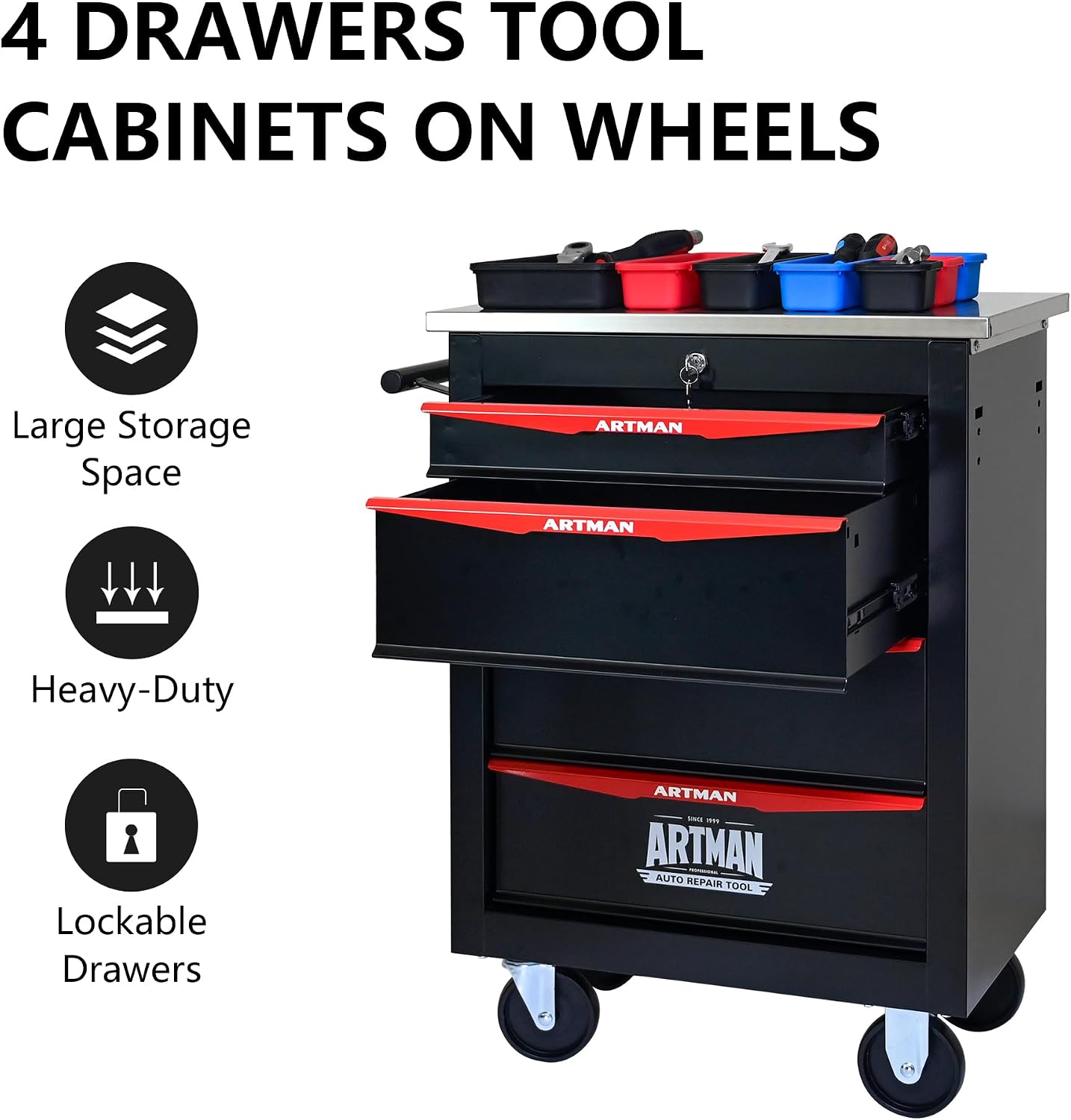 4 Drawers Tool Cart on Wheels, Stainless Steel Countertop Multifunctional Rolling Tool Storage Chest, Drawer Rolling Trolley Organizer Tool Box for Garage,Workshop(4 Drawers-Black)