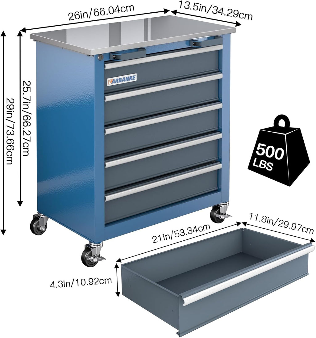 LARBANKE 5-Drawer Tool Chest, Rolling Tool Chest with Wheels, Foot Pads&Locking System,Mobile Storage Tool Cabinet with Stainless Steel Top,Connect Units for A Large Workstation for Office,Garage&Home