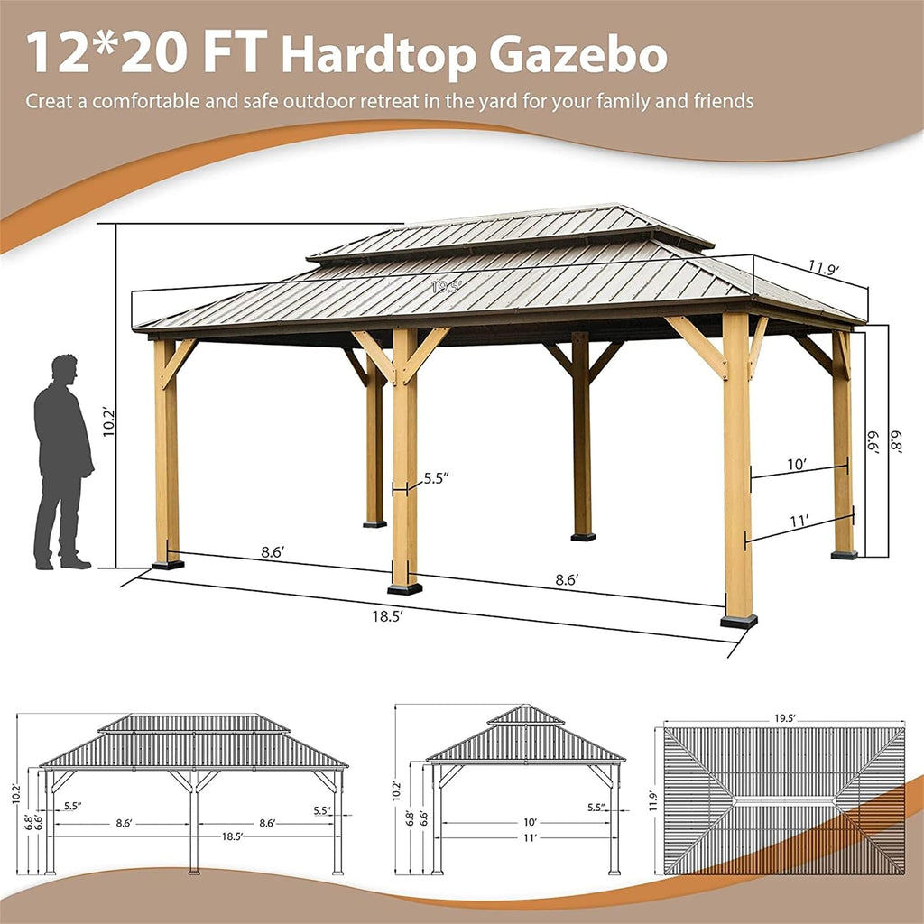12x20Ft Hardtop Gazebo Wood Gazebo Outdoor Cedar Wood Frame with Galvanized Steel Double Roof Outdoor Permanent Metal Pavilion with Curtains and Netting for Patio Backyard Lawn, Brown