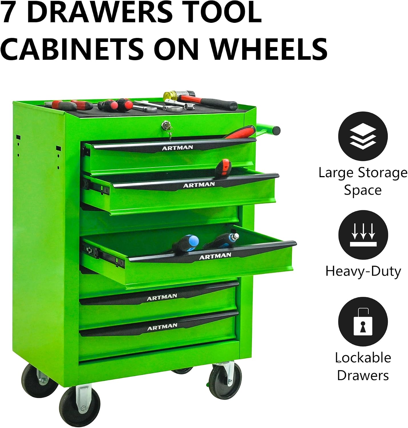 Rolling Tool Chest Cart with 7 Drawers,Storage Tool Cabinet on 4 Wheels. Lockable Tool Cart with Drawer Liners.Steel Tool Box Organizer for Garage,Repair Workshop-Green