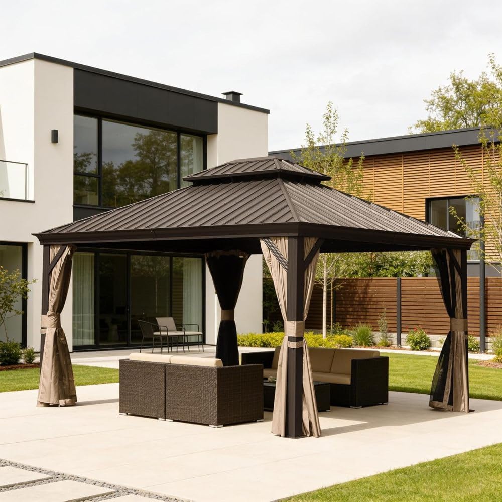 11x13FT Hardtop Gazebo with Double Roof, Metal Outdoor Gazebo for Patio, Water Resistant Steel Pergola with Netting & Curtains, Brown