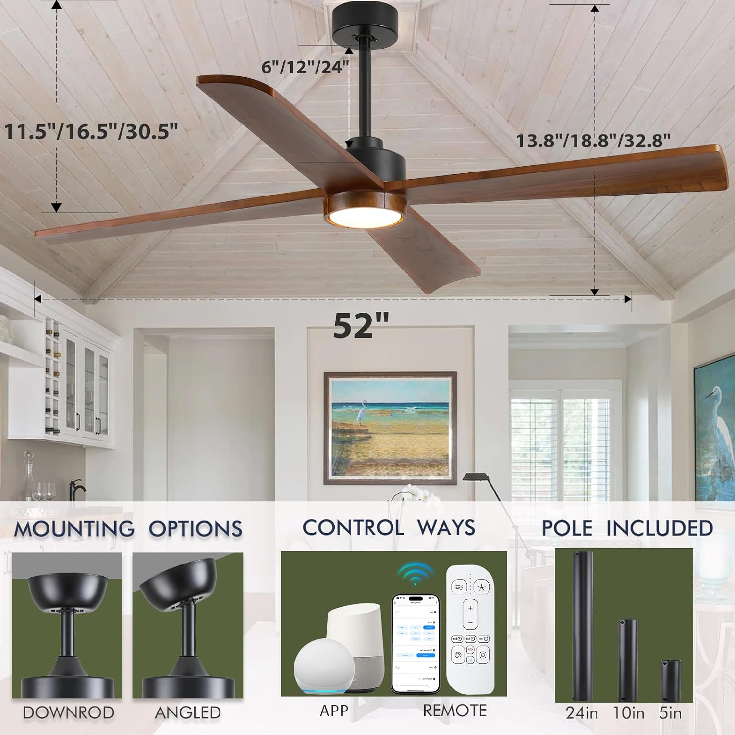 52 Inch Outdoor Ceiling Fan with Lights for Patio, Modern Rustic Farmhouse Smart Ceiling Fan, Solid Wood Blades, Reversible Energy Large Airflow with 3 Downrods for Bedroom Indoor Exterior Commercial