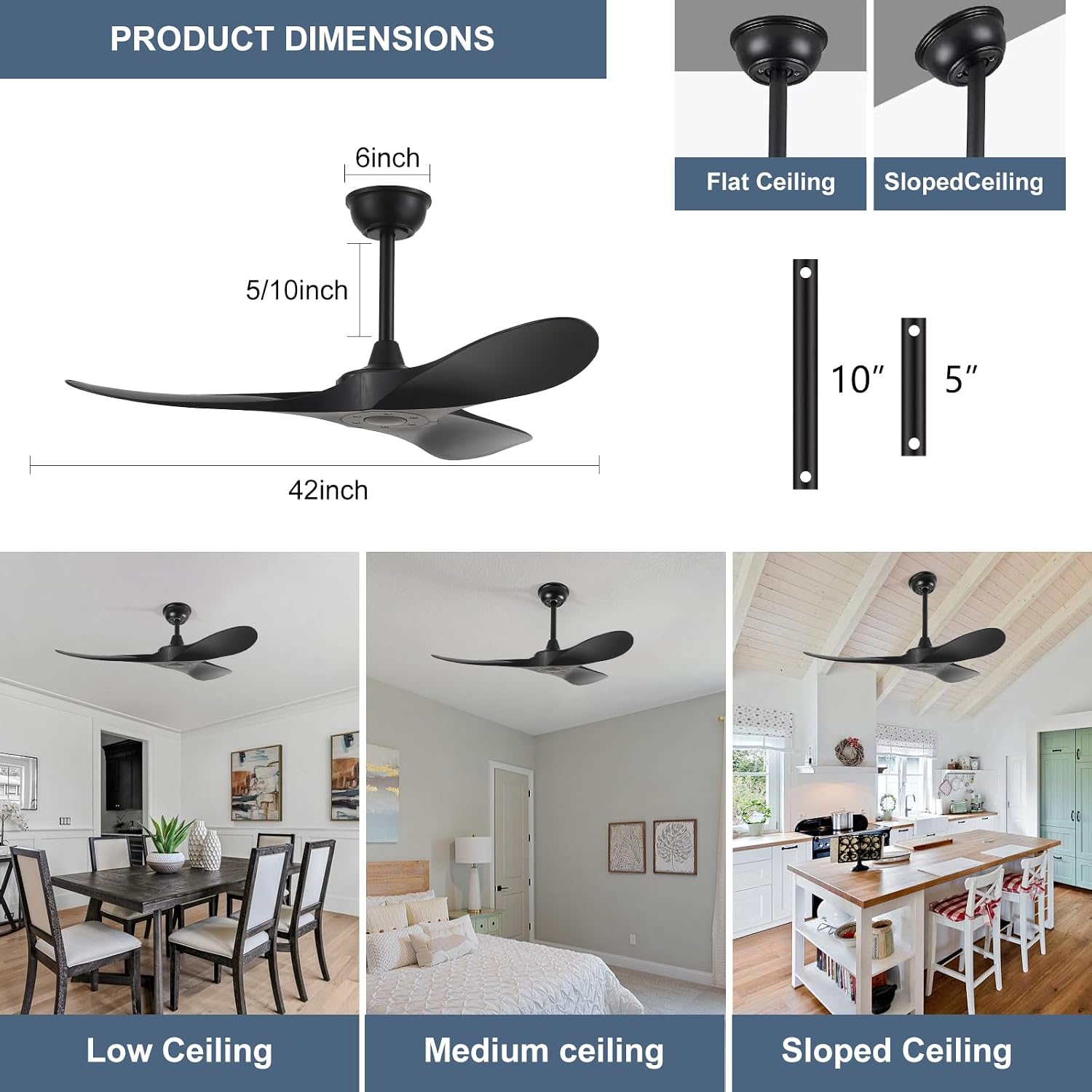 42'' Ceiling Fan No Light with Remote Control,Outdoor Ceiling Fan with DC Reversible and Silent Motor,3 Plastic Blades,Black Fan for Patios,Living Room,Bedroom