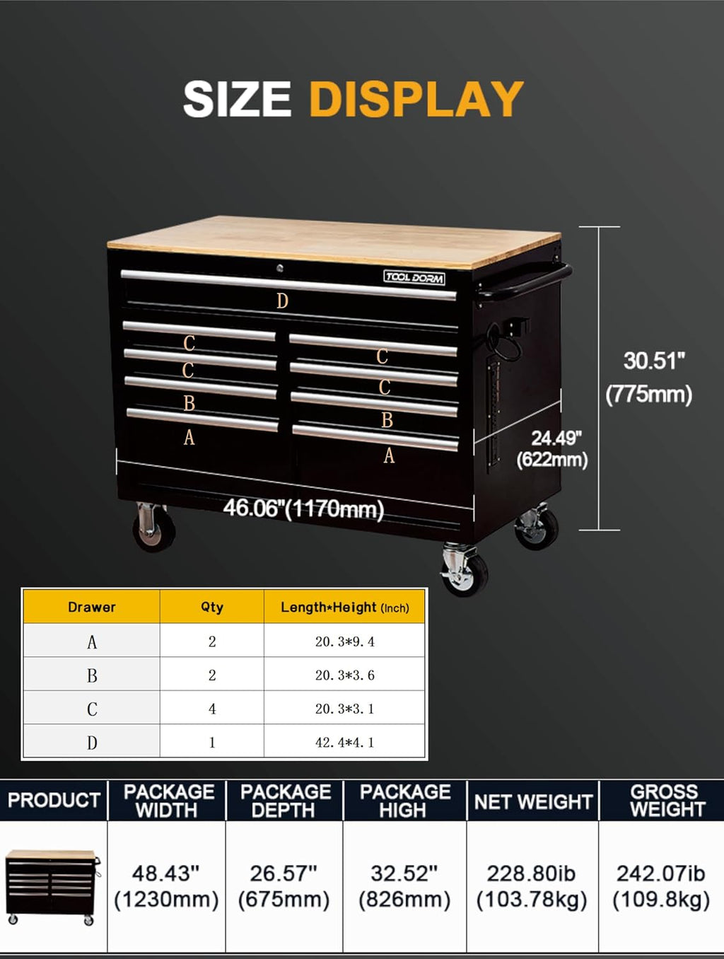 Rolling Large Tool Chest Extra-Deep 46-Inch 9 Drawers, Big Tool Chest with Drawers, Workbench with Wooden Top & Integrated Power Strip, Rolling Toolbox with Drawers and Locking System