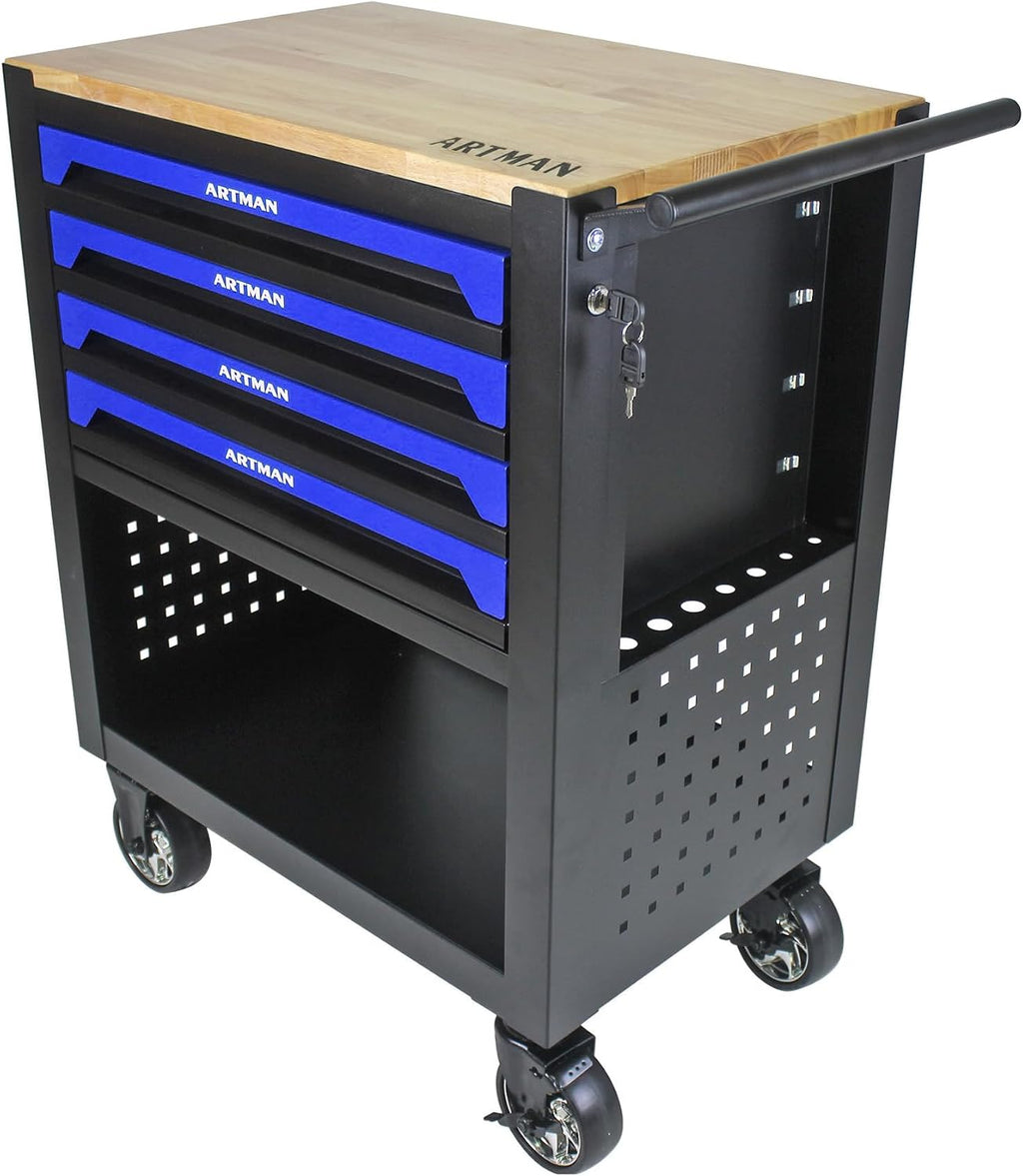 4 Drawers Tool Chest on Wheels,Tool Storage Cart with Wooden Top,Drawers Rolling Tool Box Organizer Tool Case with Lock for Garage,Warehouse,Workshop,Repair Shop (4 Drawers-35.4'H-Black&Blue)