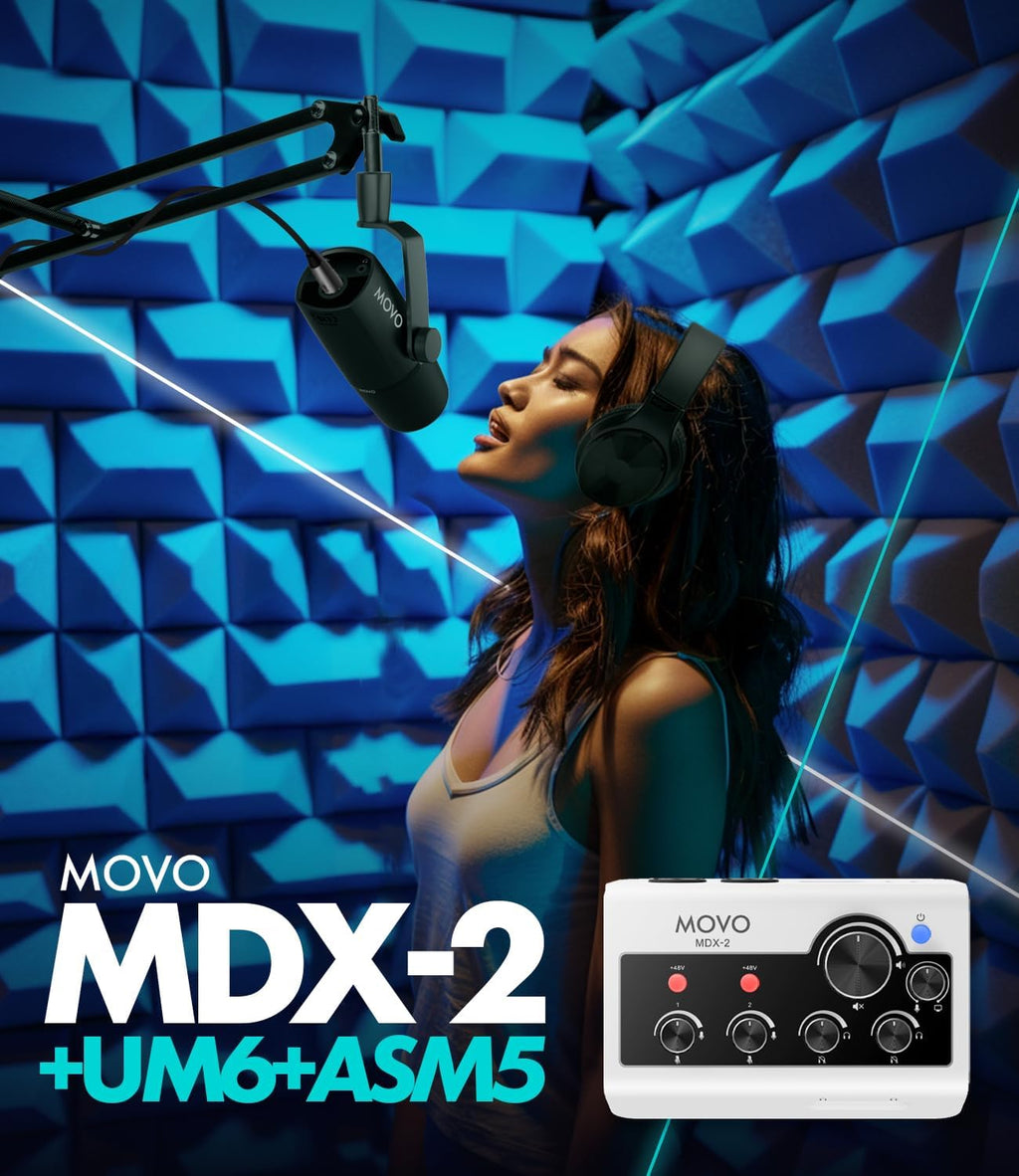 Movo Portable Podcast Equipment Bundle for iPhone/Android Phones- Podcast Kit with Audio Interface, 2 UM6 Dynamic Mics, 2 Headphones, 2 Boom Arms - for Smartphones, Computers, PC and Mac