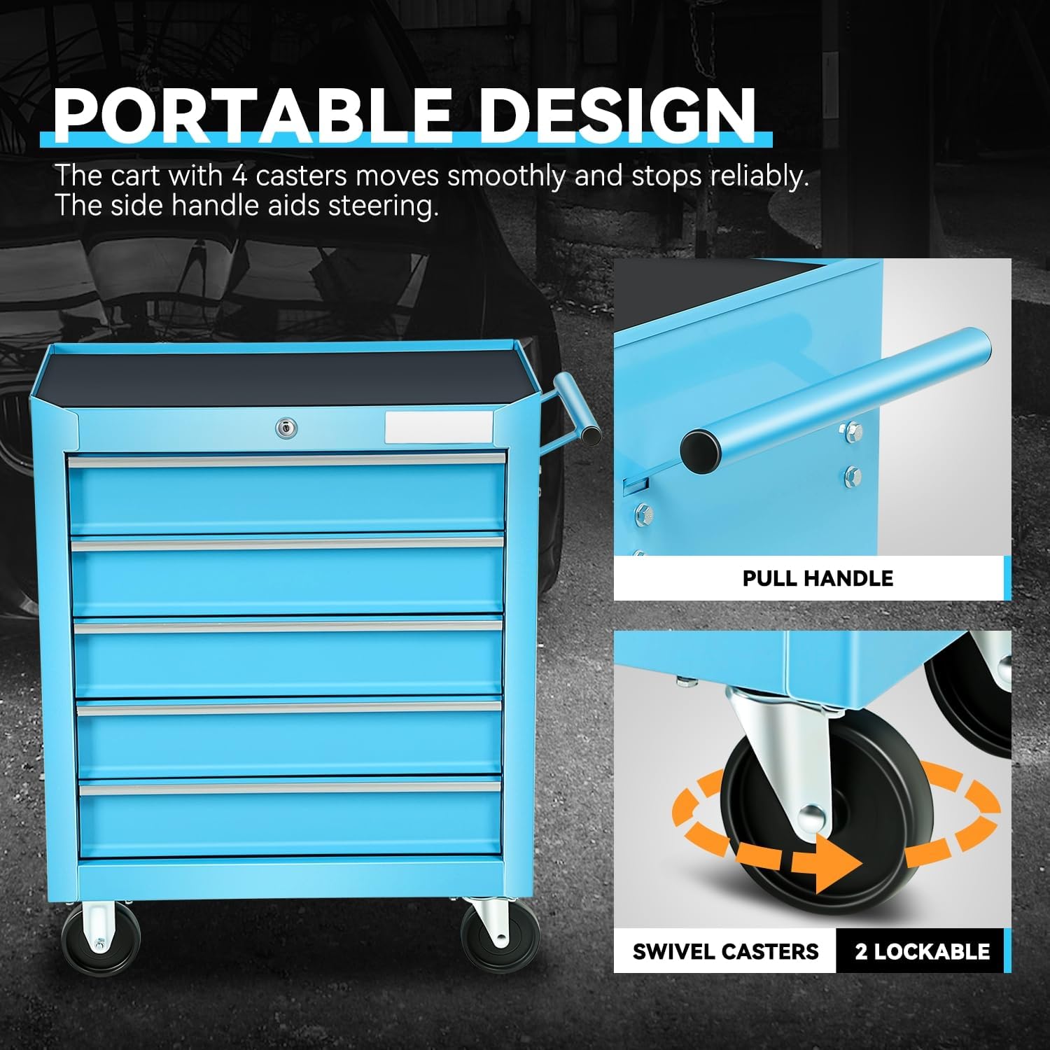 Auto Dynasty 5-Drawer Heavy-Duty Rolling Tool Trolley Tray with Ball-Bearing Slides, Corrosion-Resistant Finish, and Swivel Casters for Ultimate Workshop Organization