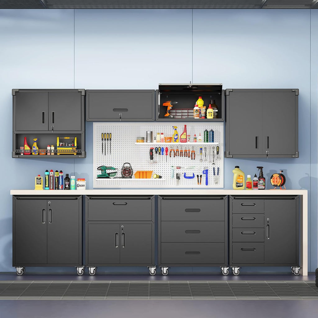 Black Metal Garage Storage Cabinet on Wheels, Heavy Duty Steel Rolling Tool Chest with Drawers, Mobile Tool Storage Cabinets for Warehouse Garage Basement, Assembly Required