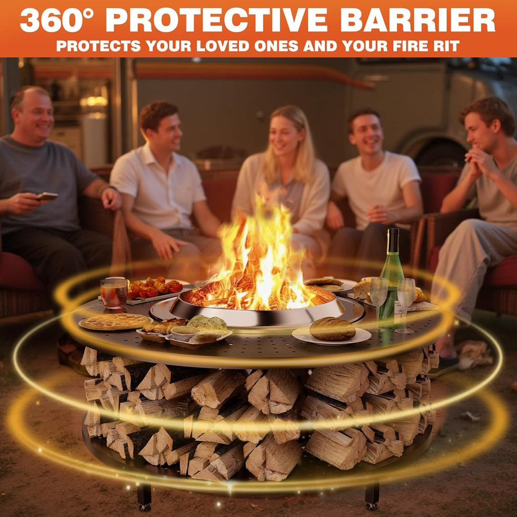 Fire Pit Surround Tabletop for Solo Stove Yukon 1.0 & 2.0, 48' Fire Pit Surround Tabletop with Wood Storage Shelf,Powder-Coated Steel Surround Tabletop with Extra Space