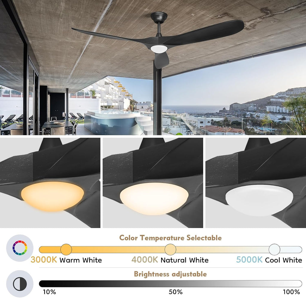 60 Inch Indoor Outdoor Ceiling Fan with Remote & Dimmable Light, Damp Rated, 3 Propeller Solid Wood Blades, 7000 High CFM 6-Speed Quiet Reversible DC Motor, for Patio Living Room Bedroom, Modern Black