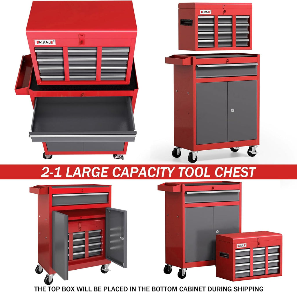 AIRAJ 7-Drawer Tool Chest with Wheels | 40'' H Rolling Tool Chest | Detachable Top Metal Tool Box | Garage Storage Cabinet for Repair Room | Rolling Tool Box with Hooks,Liners,Tray Divider | Red