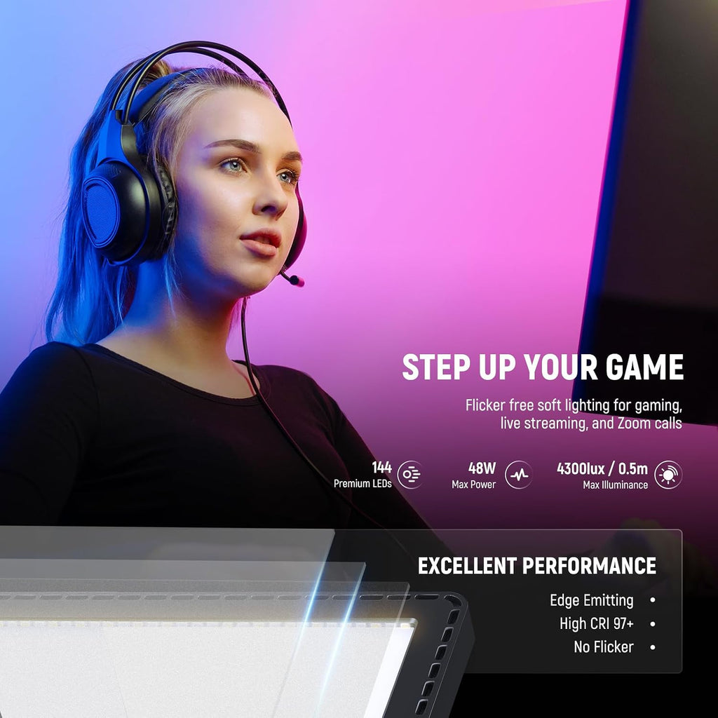 NEEWER GL1C RGB 15.5' Key Light, 48W Edge Lit Soft LED Video Panel Streaming Gaming Lighting with 2.4G PC/Mac iOS/Android APP/WiFi/Stream Deck Control, Touch Bar, 2900K-7000K, Music Sync, 18 Scenes