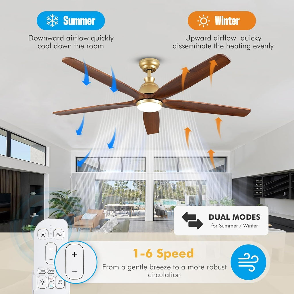 52 Inch Gold Ceiling Fans with Lights and Remote, 5 Blade Natural Solid Wood Ceiling Fan with Light Quiet DC Motor Fan, Farmhouse Ceiling Fans for Outdoor Patios Porch Gazebo Bedroom