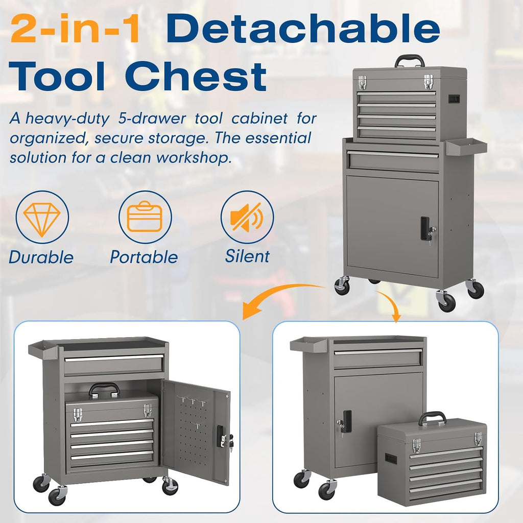 5-Drawers Tool Chest, 2-in-1 Rolling Tool Box with Wheels and Drawers, Detachable Storage Toolbox with Lock, Heavy-Duty Metal Tool Cart for Garage, Workshop（Gray）