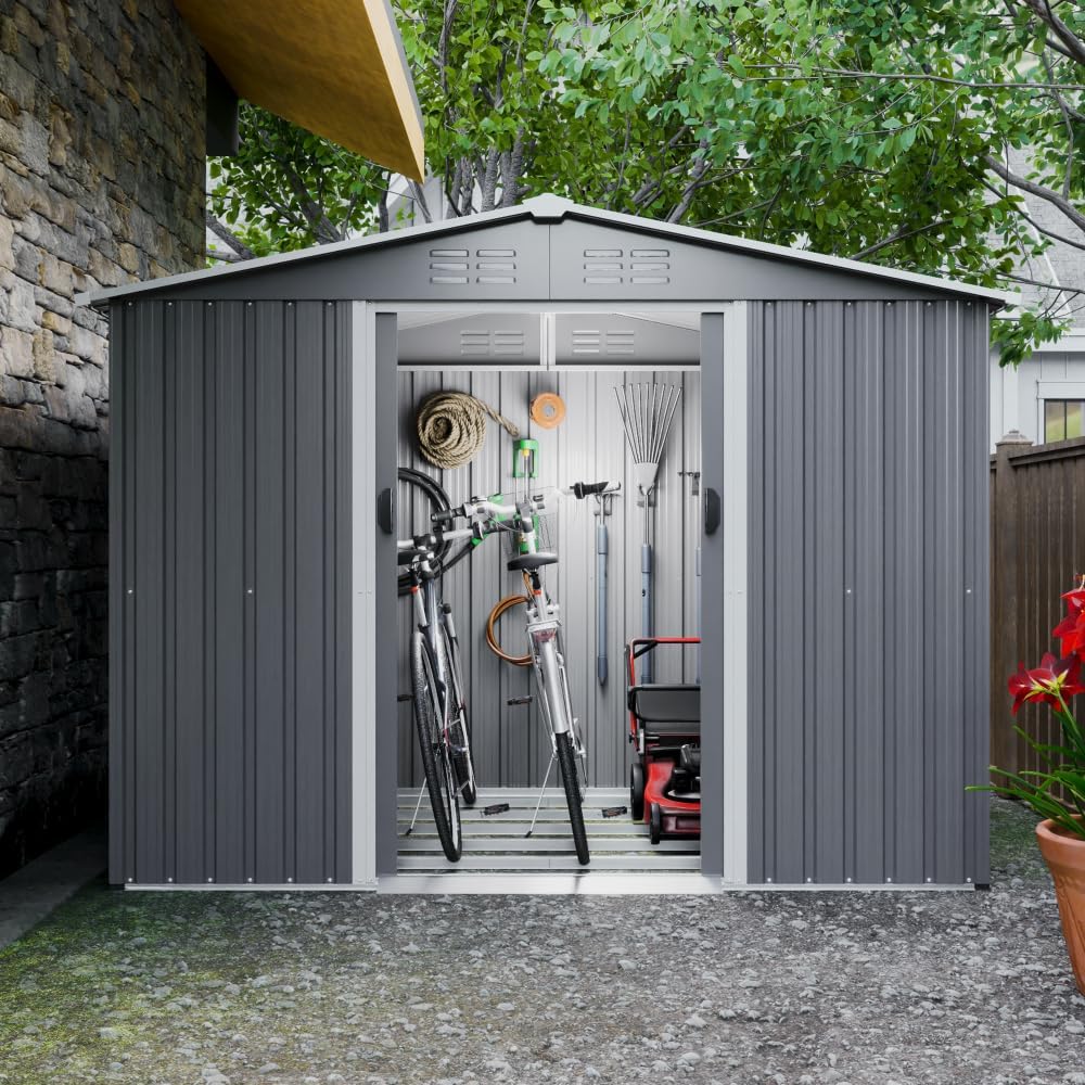 Large Outdoor Storage Shed 10x12 FT, Heavy-Duty Metal Garden Tool Organizer with Lockable Doors and Weather-Resistant Roof for Backyard (8x6 ft Grey with Floor Frame)