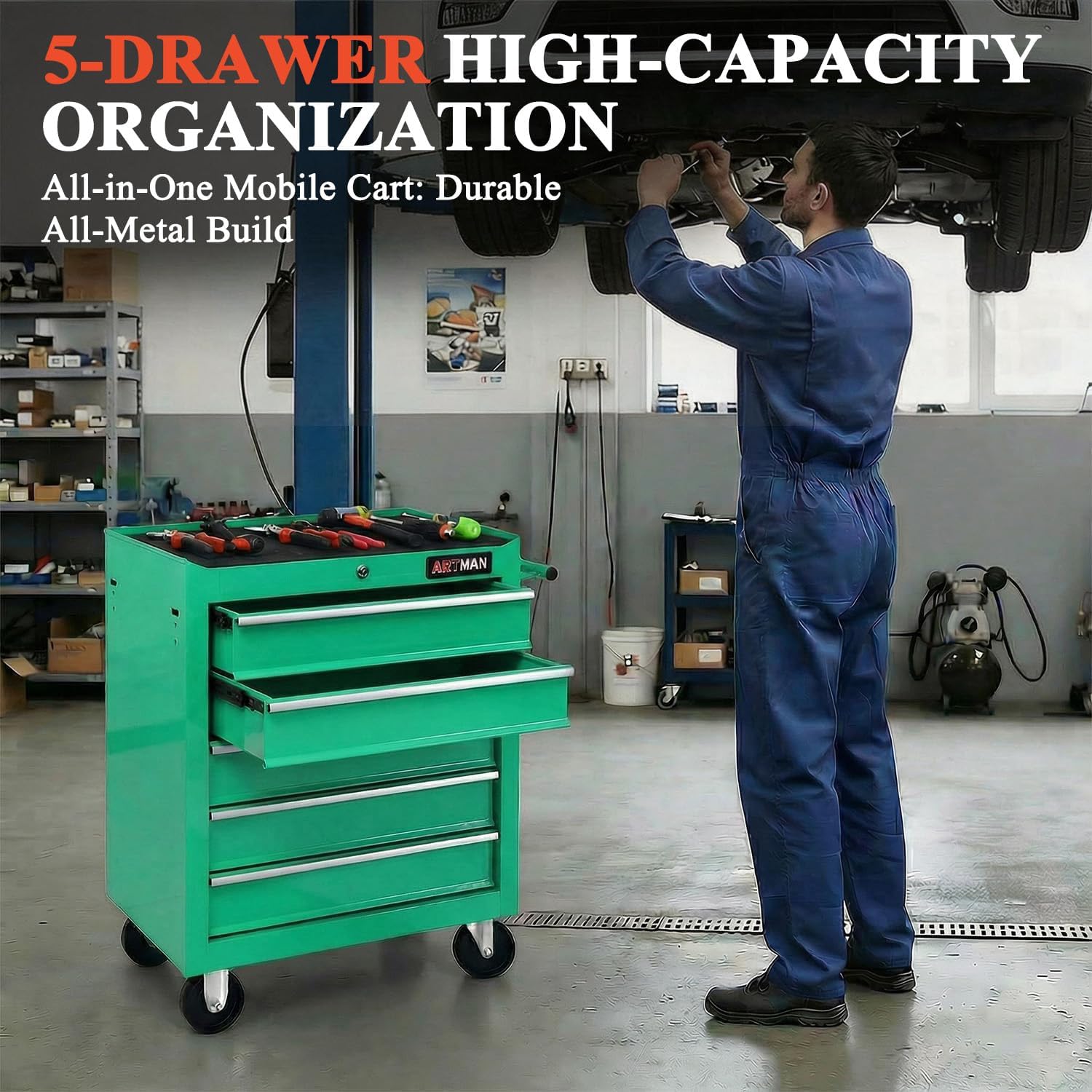 5 Drawers Tool Cart on Wheels,Rolling Tool Chest Tool Storage,Drawers Rolling Tool Trolley Organizer Tool Case for Garage, Warehouse, Workshop, Repair Shop (5 Drawers-Green)