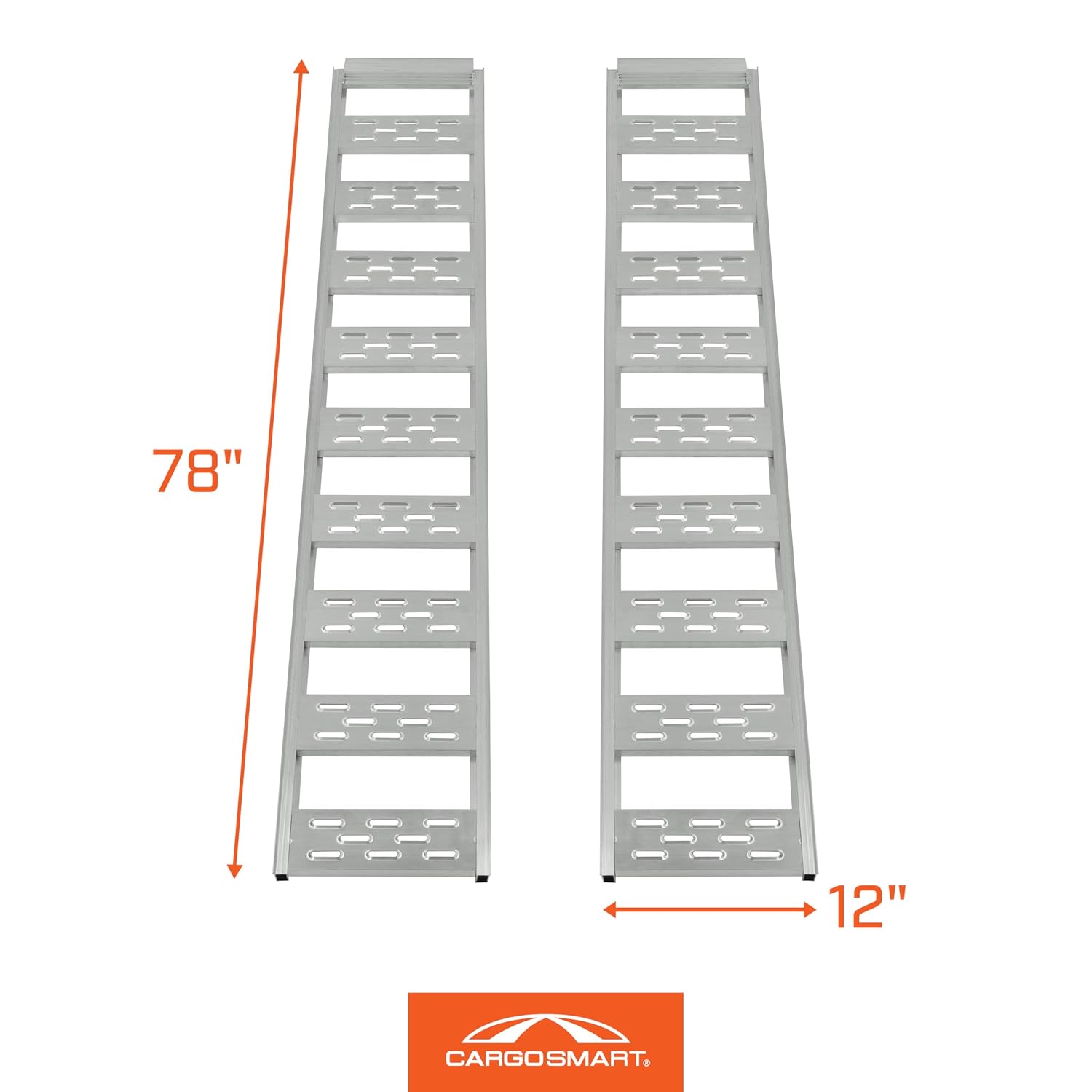 CARGOSMART Aluminum Straight Fixed Ramp with Treads (2pk) - Easily and Safely Load and Unload Light Equipment, Lawn Tractors, ATVs and More, 1,250 lb. Capacity, 12' W x 78' L
