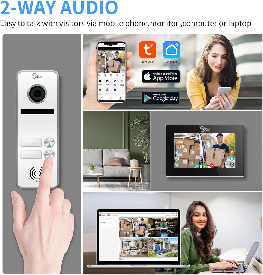 Wired Apartment Video Intercom System 2 Units 7 Inches Touch Monitor Wireless Wifi Video Doorbell System,Video Door Phone Kit,Indoor Outdoor Support Monitoring, Unlock, Dual Way Intercom for Home