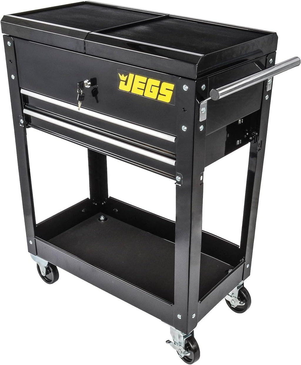 JEGS Heavy-Duty Tool Box Cart | 220 LBS Capacity | Uses Four 4' Caster Wheels | Includes 2 Keyes and 6 Drawer Liners | Black with JEGS Logo | 2 Locking Drawers | Sliding Top