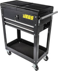 JEGS Heavy-Duty Tool Box Cart | 220 LBS Capacity | Uses Four 4' Caster Wheels | Includes 2 Keyes and 6 Drawer Liners | Black with JEGS Logo | 2 Locking Drawers | Sliding Top