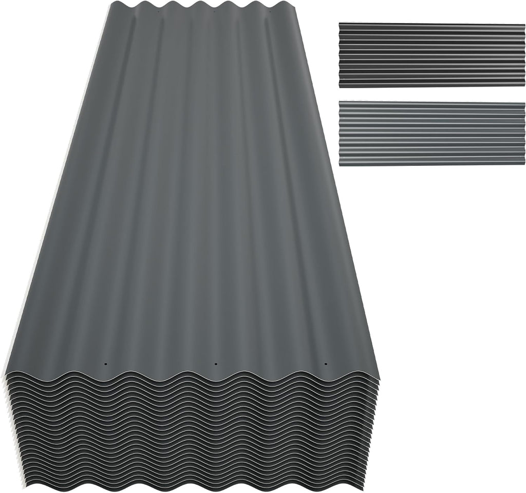 Metal Roof Panels 25Pcs 60.6×20.5 Inches with Screws, Corrugated Tin Roofing Panels Waterproof,Steel Wall Panel Siding Panels Sheets for Garages Sheds Chicken Coop Stables and Mobile Homes,Grey