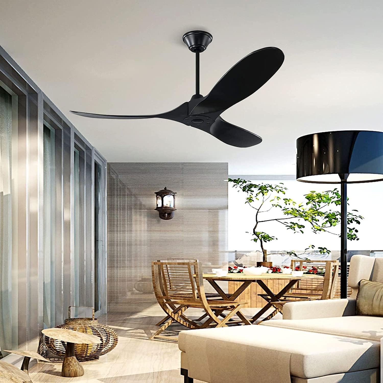 Black Ceiling Fan No Lights Outdoor Ceiling Fan for Patio 52 inch Large Airflow 3 blade Ceiling Fan Damp Rated Wood Ceiling Fan for Farmhouse Exterior House Porch Gazebo (52 inch, Black Ceiling Fan)